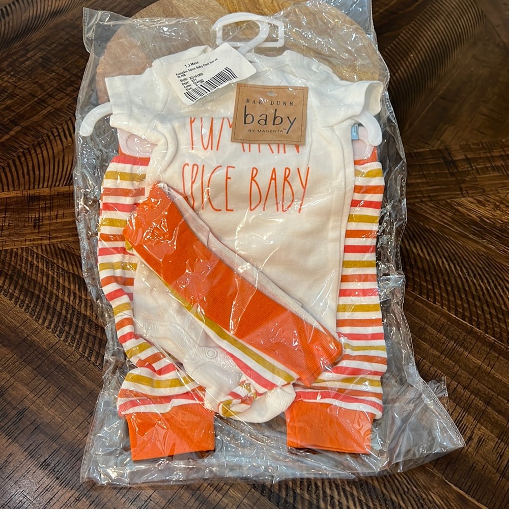 Pumpkin spice baby onesie, pants and beanie set